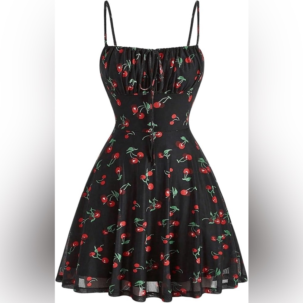 Women's Cherry Print Cami Dress Summer Ruched Bust Flared Hem Skater Dress